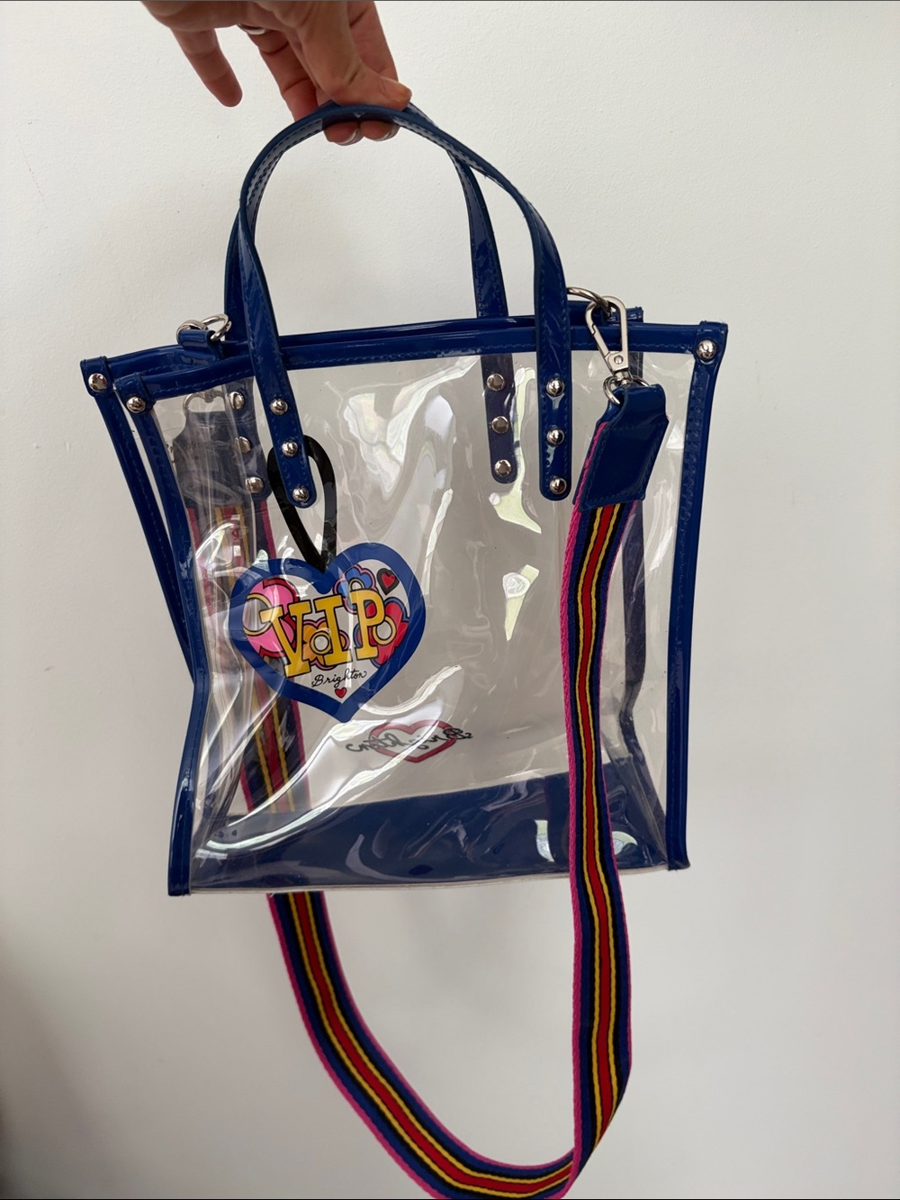 Clear Navy Tote Bag with Rainbow Strap